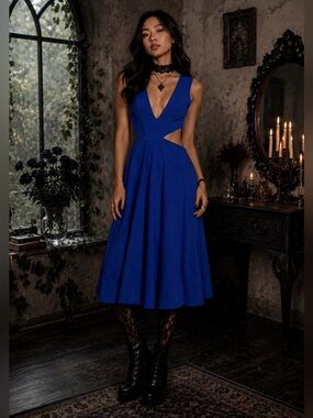 june & hudson Royal Blue V-Neck Cutout Midi Dress